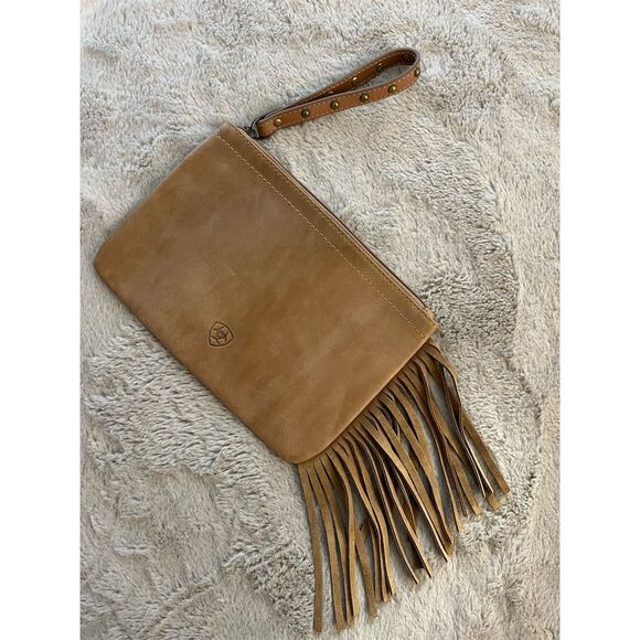 Ariat Tan Leather Fringe Wristlet Clutch with Studded Strap - Picture 1 of 8